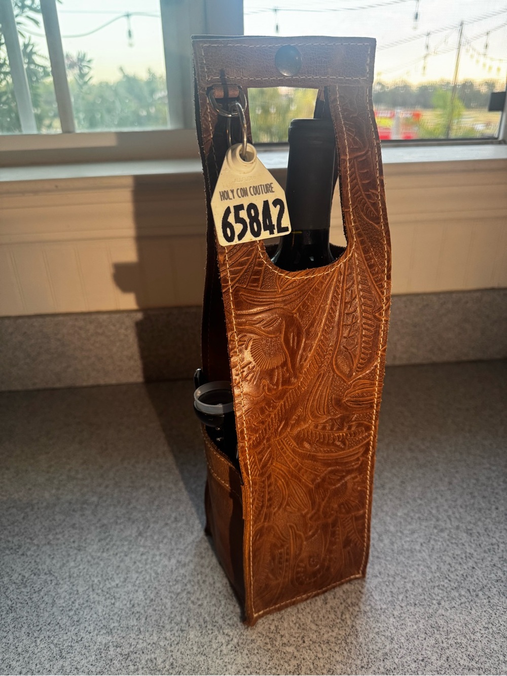 Tooled Leather Wine Tote Bag - Brown - Picture 2 of 3